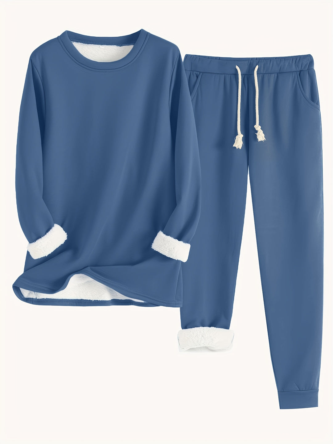 Zweiteiliges Fleece-Set mit Rundhalsausschnitt und Hose für Damen