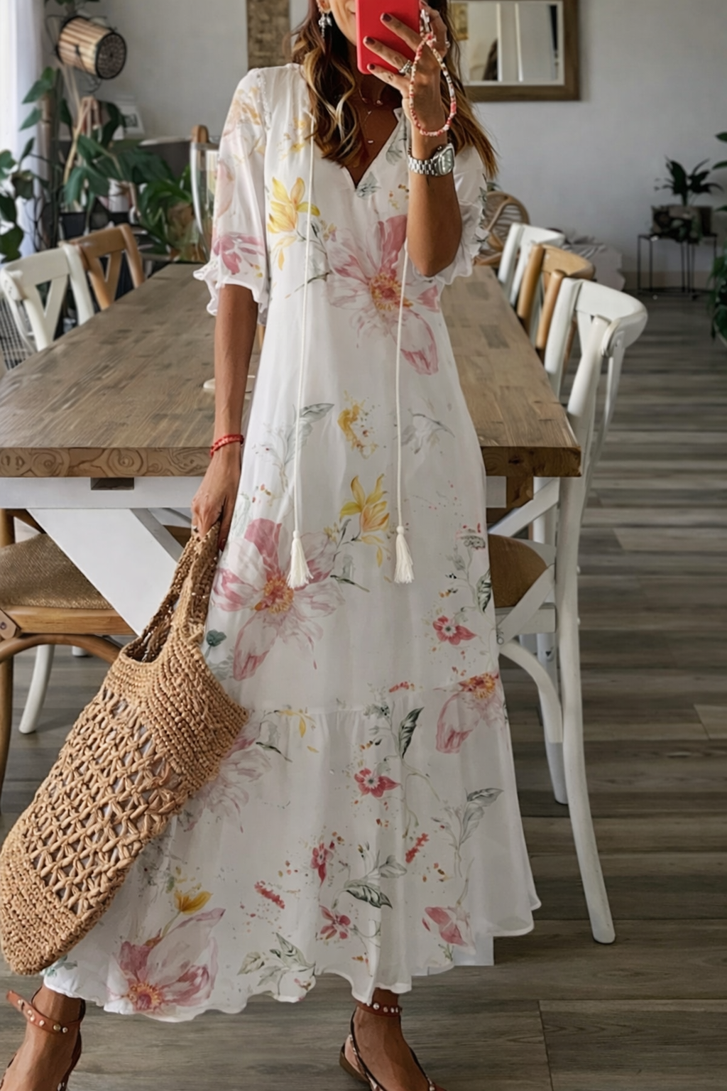 Fließendes Maxikleid mit V-Ausschnitt für Damen mit Print