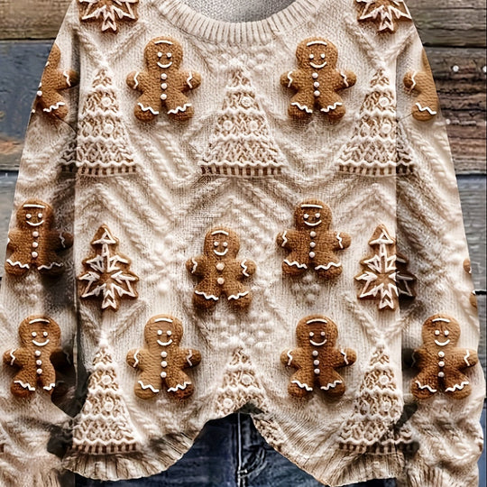 Weihnachtspullover mit Lebkuchen- und Tannenbaum-Motiv für Damen
