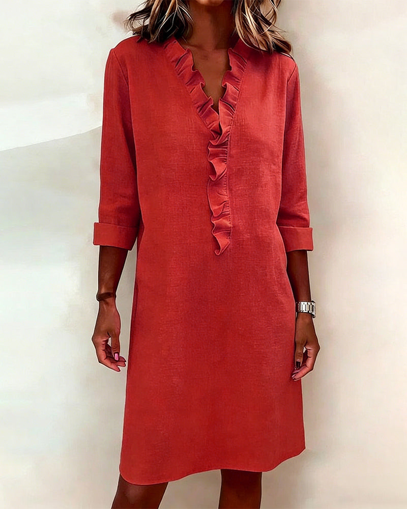 Leinenmischgewebe Kleid mit Volant und geradem Schnitt