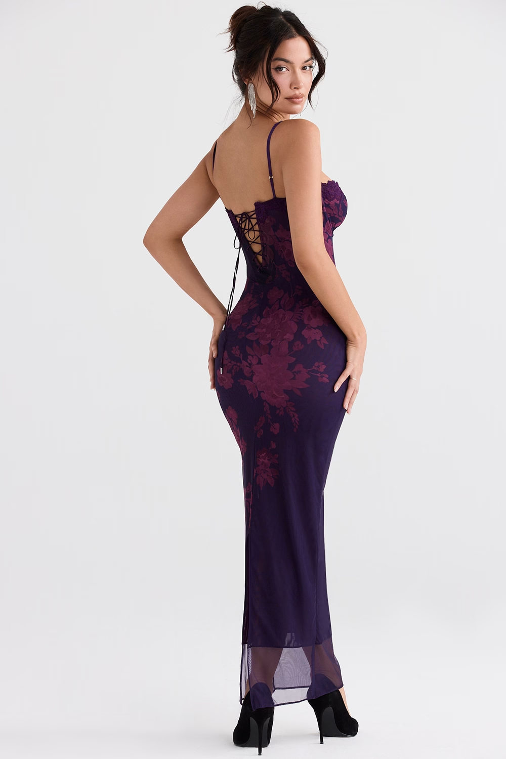 Durchsichtiger Mesh-Blumenmuster Bodycon Maxikleid Lila