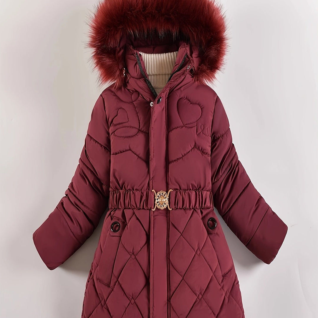 Gesteppte Winterjacke mit Kapuze und Gürtel für Damen