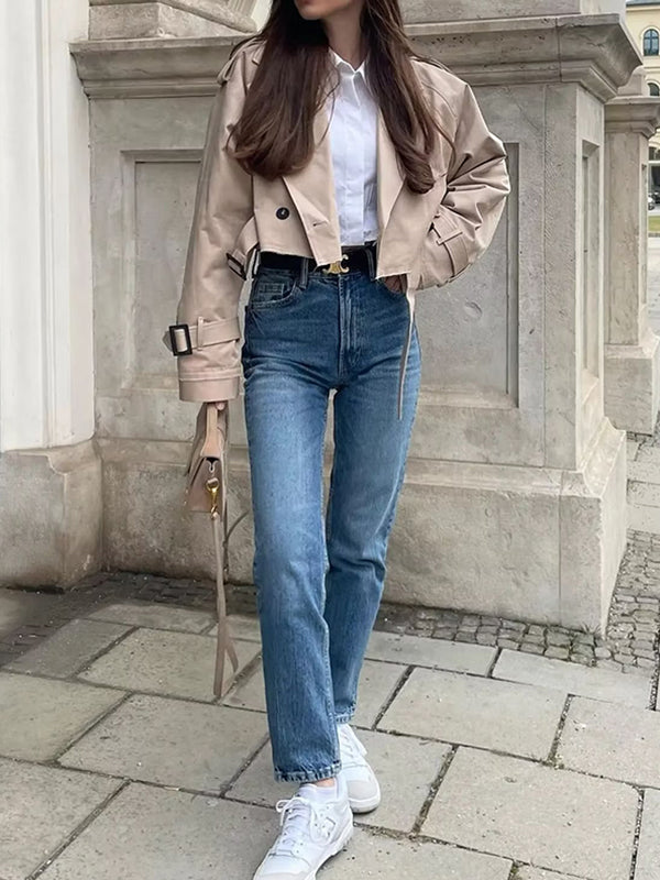 Damen Trenchjacke Kurz Mit Reverskragen