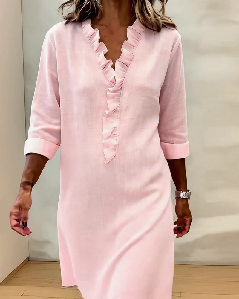 Leinenmischgewebe Kleid mit Volant und geradem Schnitt