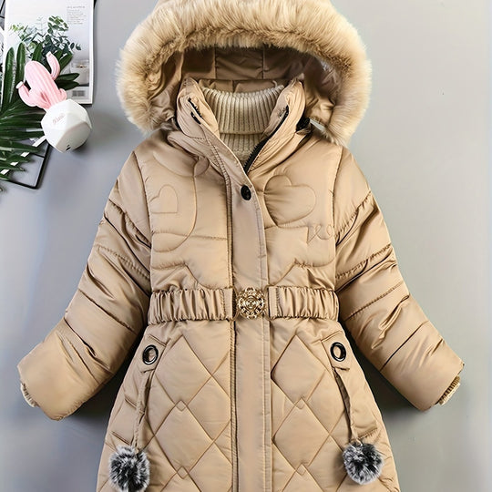 Gesteppte Winterjacke mit Kapuze und Gürtel für Damen
