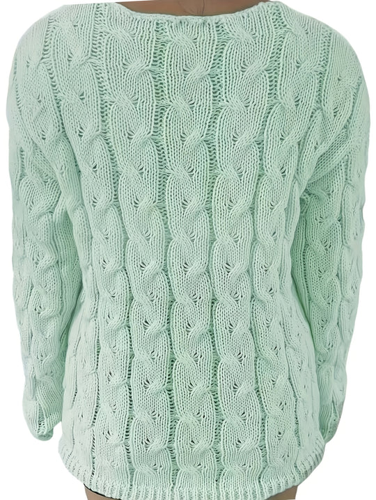 Grob gestrickter V-Ausschnitt Pullover mit Zopfmuster für Damen