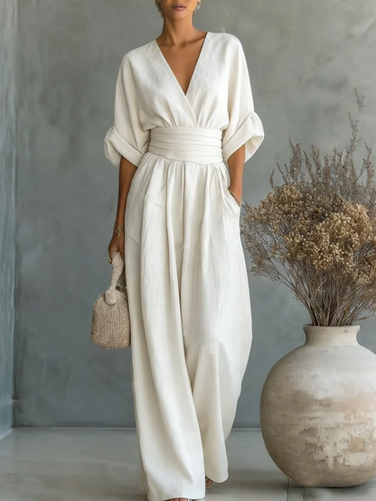Eleganter Overall mit V-Ausschnitt, hoher Taille und lockerem Sitz für Damen