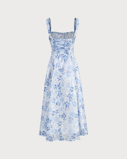 Midikleid mit floralem Print, gerafftem quadratischem Ausschnitt, blau