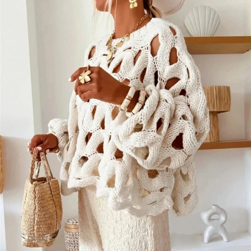 Damen Pullover mit langen Ärmeln und Häkelstrick