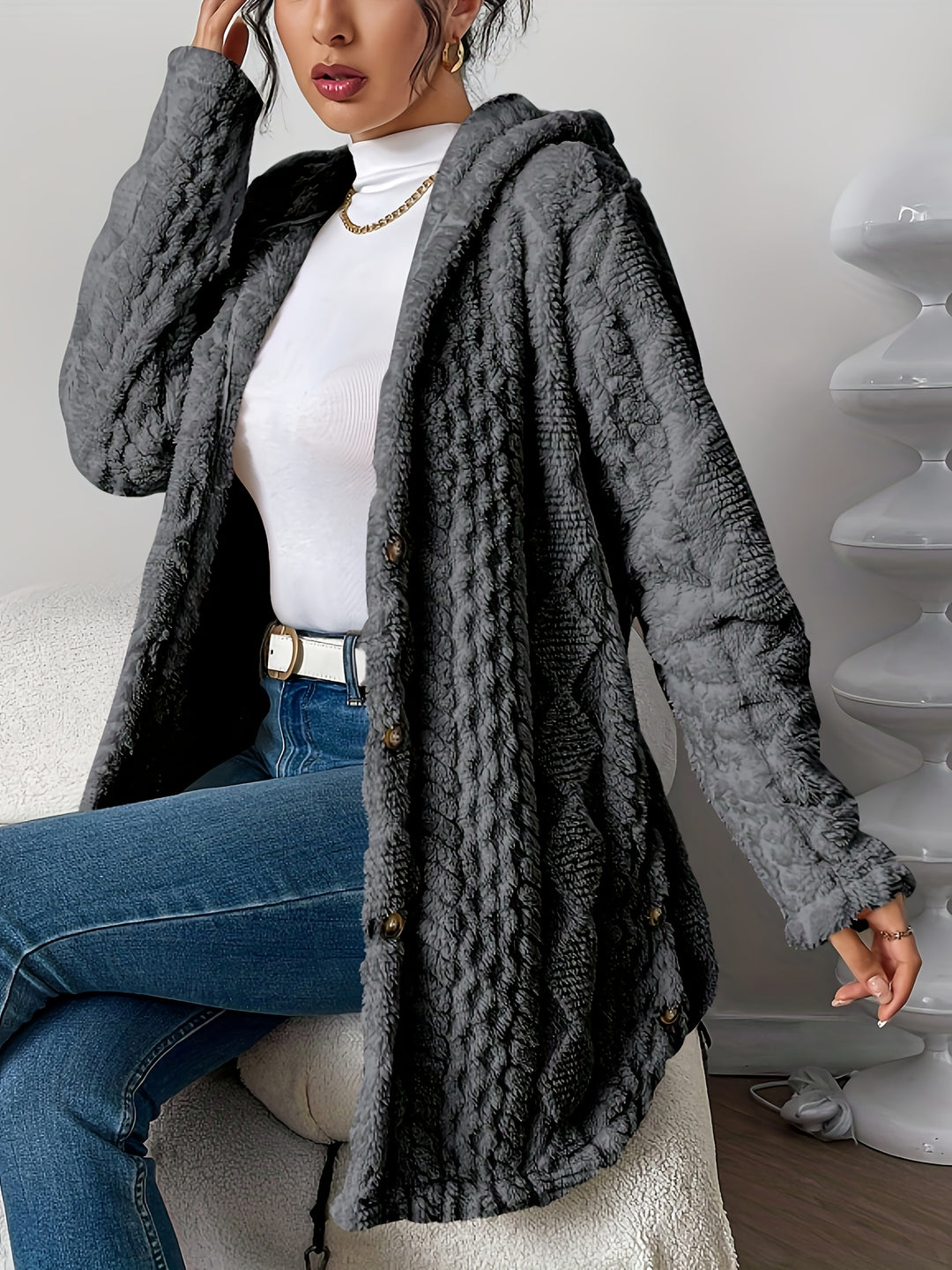 Lässiger Teddy-Mantel mit Knöpfen für Damen