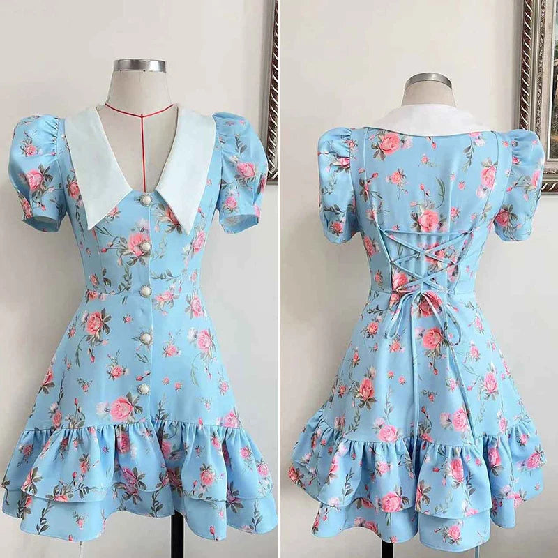 Damen Mini Kleid mit Puffärmeln und Rüschen