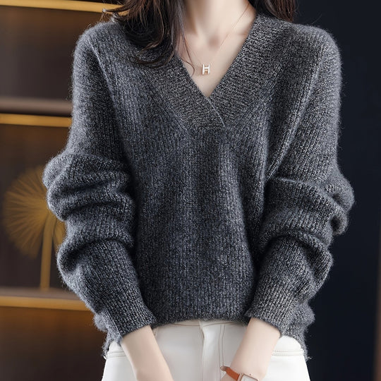 Locker geschnittener V-Ausschnitt Pullover für Damen