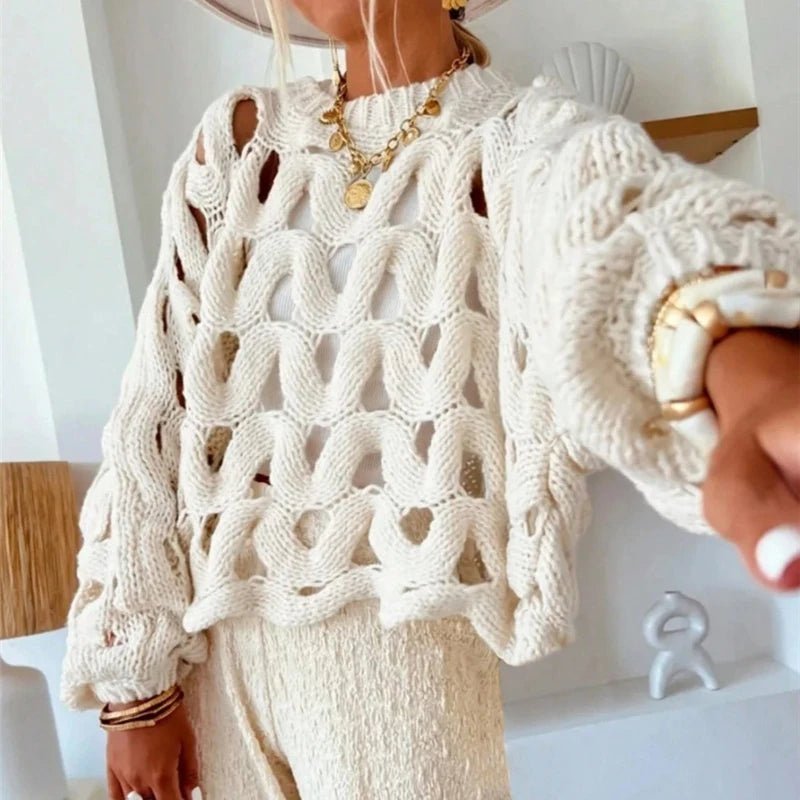 Damen Pullover mit langen Ärmeln und Häkelstrick