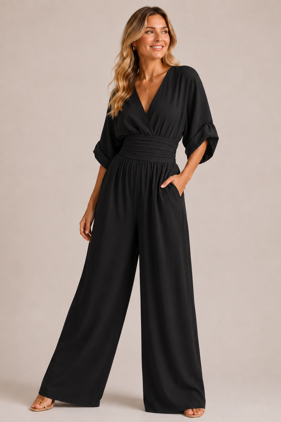 Weitbeiniger Micro-Elastischer Jumpsuit mit Dreiviertelärmeln
