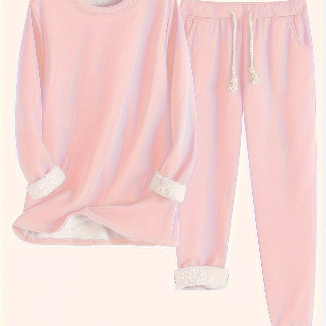 Zweiteiliges Fleece-Set mit Rundhalsausschnitt und Hose für Damen