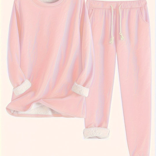 Zweiteiliges Fleece-Set mit Rundhalsausschnitt und Hose für Damen