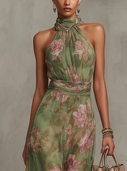 Grünes Blumenmuster Chiffon Maxikleid mit Neckholder-Ausschnitt
