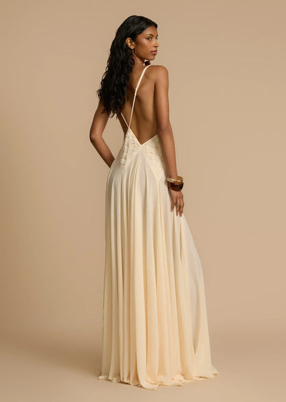 Weißes tief V-Ausschnitt Spitzen-Maxikleid fließendes Sommer-Cami