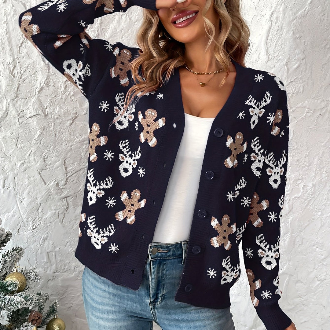 Weihnachtsstrickjacke mit Rentier- und Schneeflockenmuster für Damen