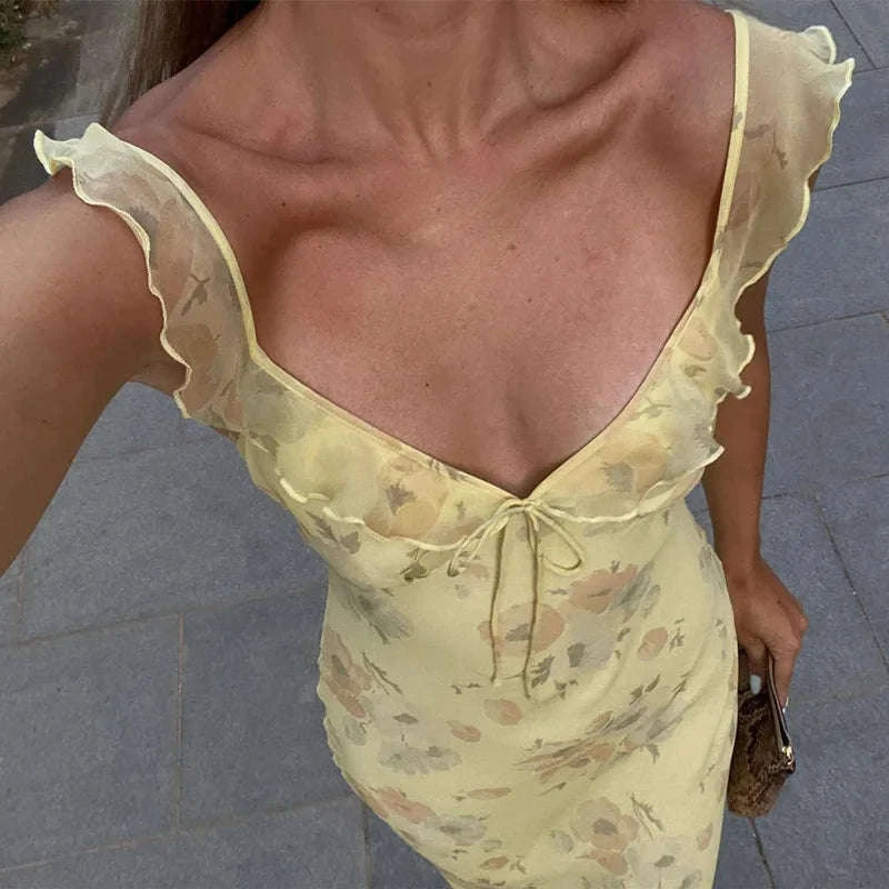 Florales Maxikleid mit tiefem V-Ausschnitt und offenem Rücken Sommerkleid