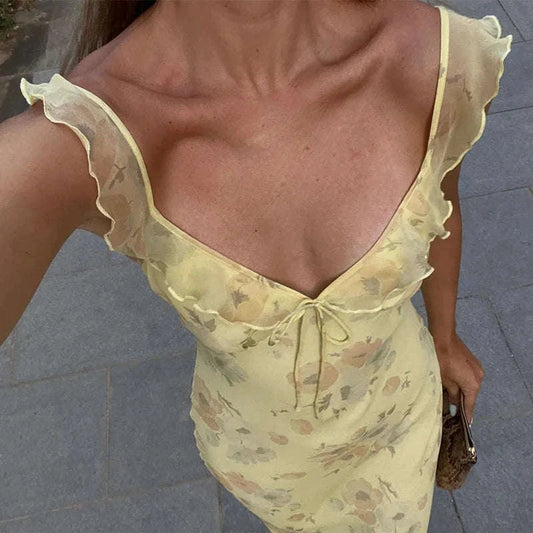 Florales Maxikleid mit tiefem V-Ausschnitt und offenem Rücken Sommerkleid
