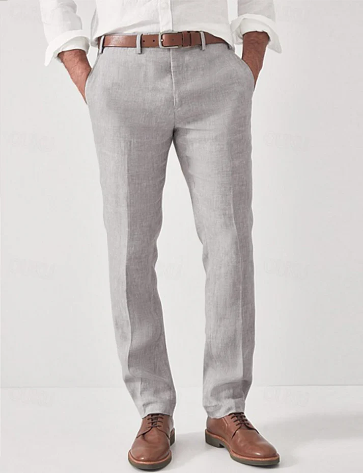 Herren Leinenhose Gerade Mit Gürtelschlaufen