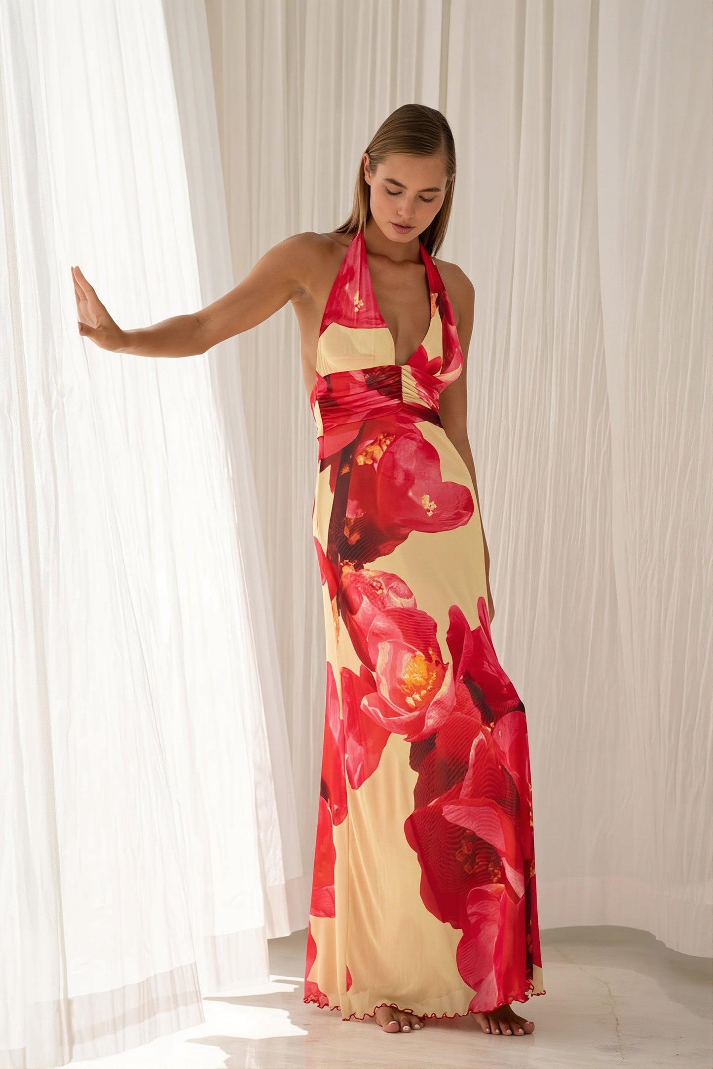 Damen Maxikleid Mit Print Und Rückenausschnitt