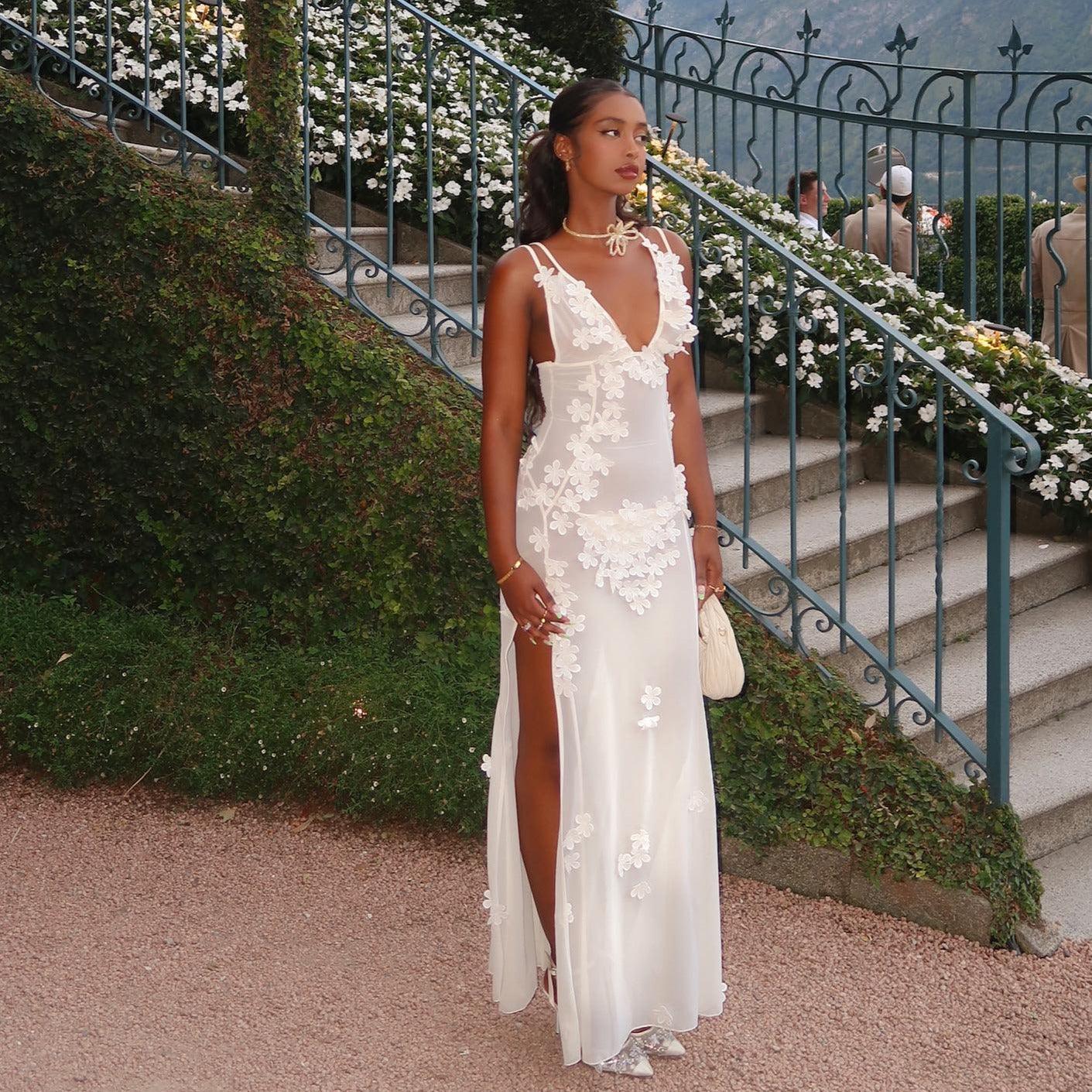 Maxikleid aus weißem Blüten-Mesh für Damen
