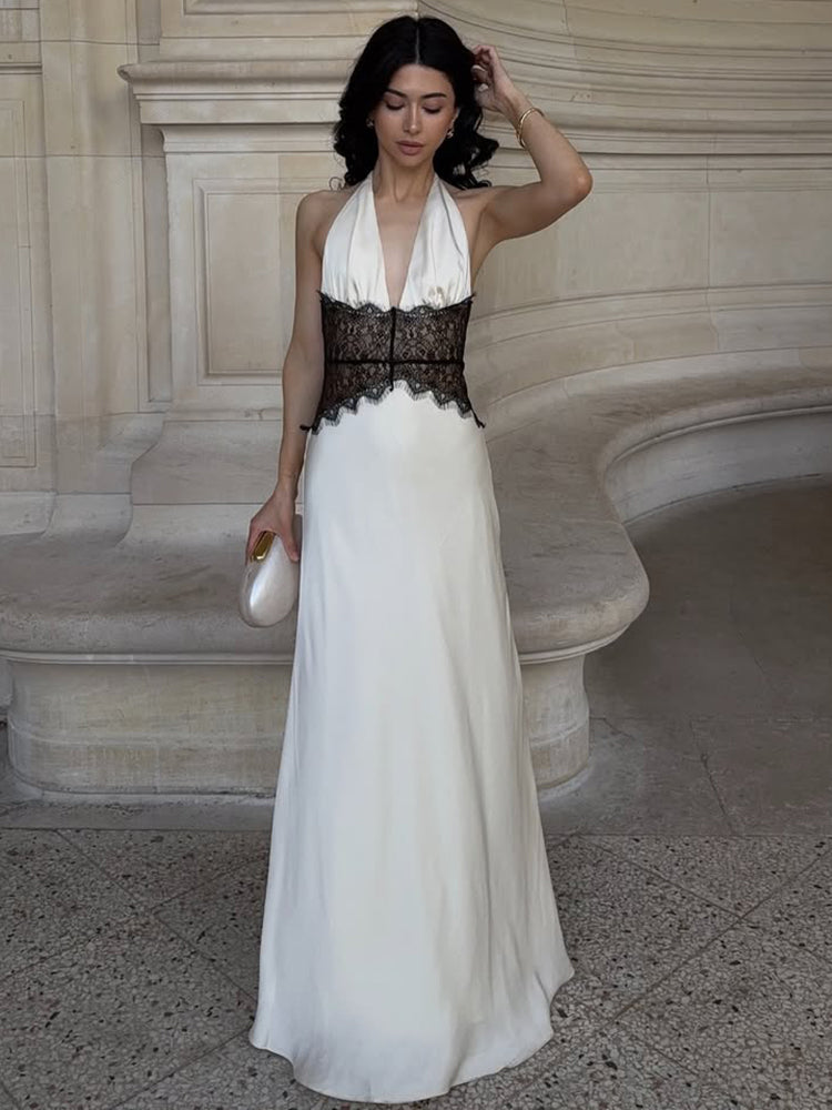 Maxikleid mit Neckholder, Spitzen-Detail, Rückenfrei, Ärmellos, festliches Kleid