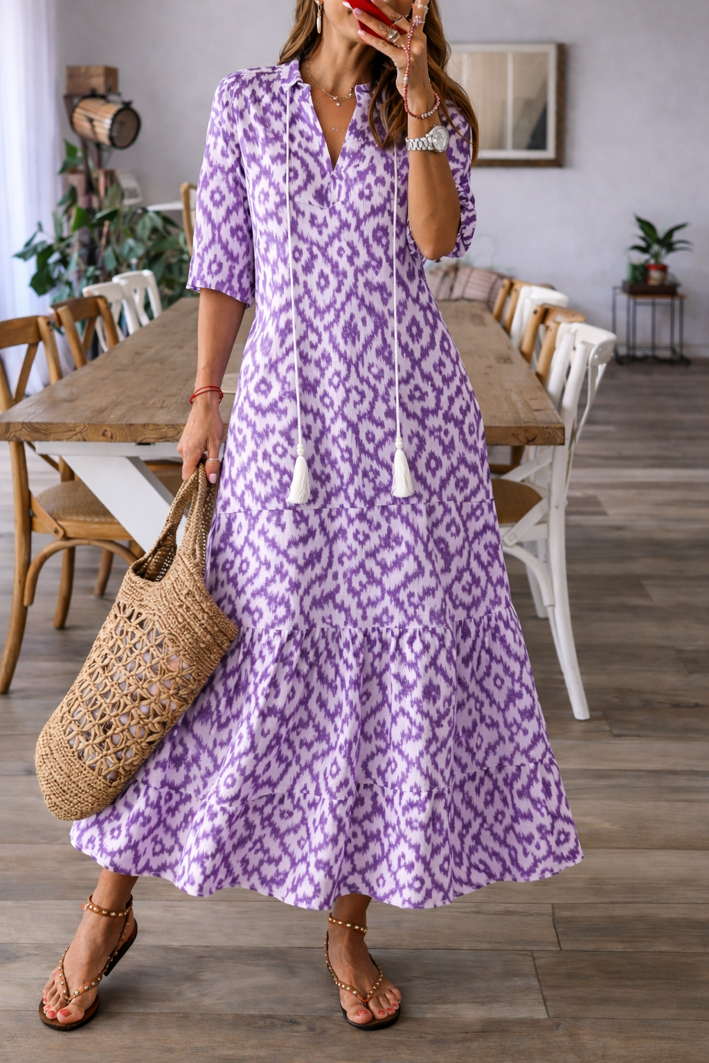 Fließendes Maxikleid mit V-Ausschnitt für Damen mit Print
