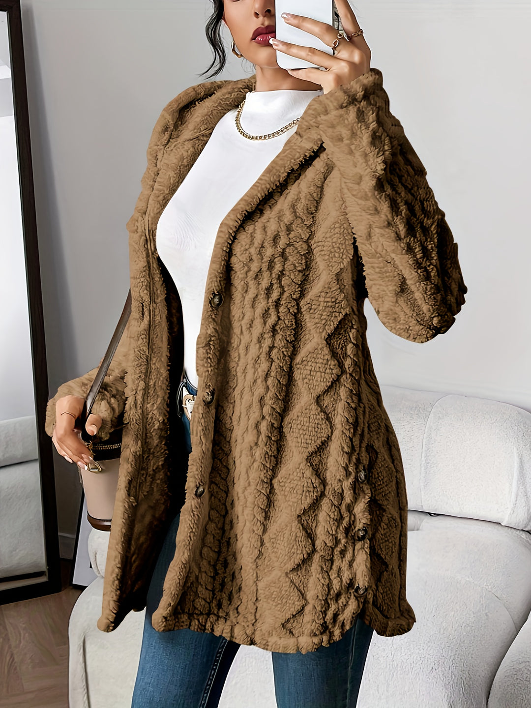 Lässiger Teddy-Mantel mit Knöpfen für Damen