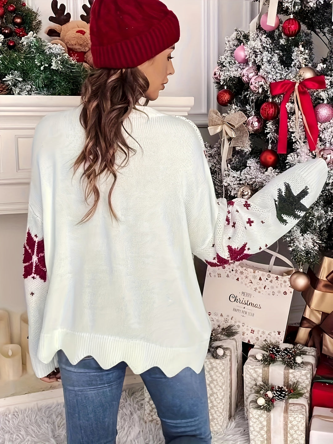 Weihnachtspullover mit Tannenbaum- und Sternmotiv für Damen