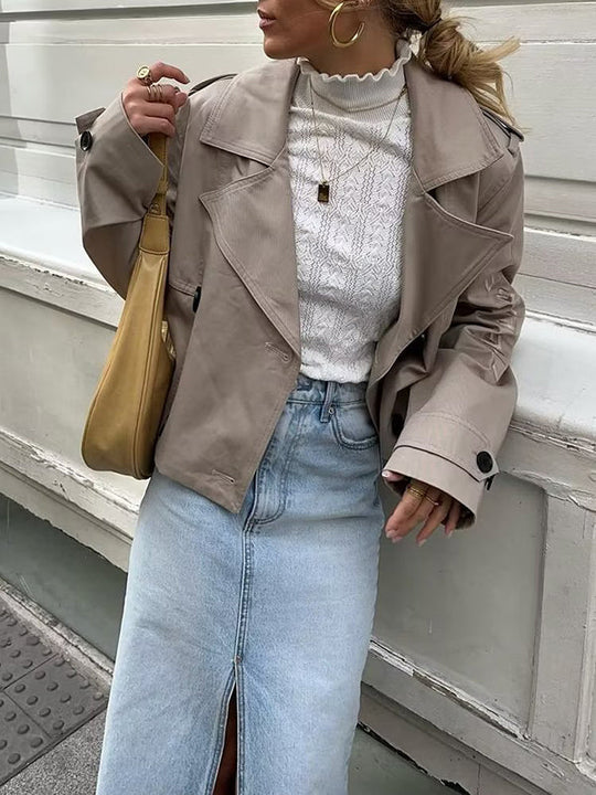Damen Trenchjacke Kurz Mit Reverskragen