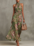 Grünes Blumenmuster Chiffon Maxikleid mit Neckholder-Ausschnitt