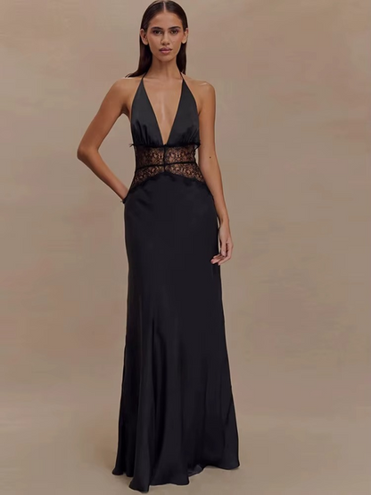 Maxikleid mit Neckholder, Spitzen-Detail, Rückenfrei, Ärmellos, festliches Kleid