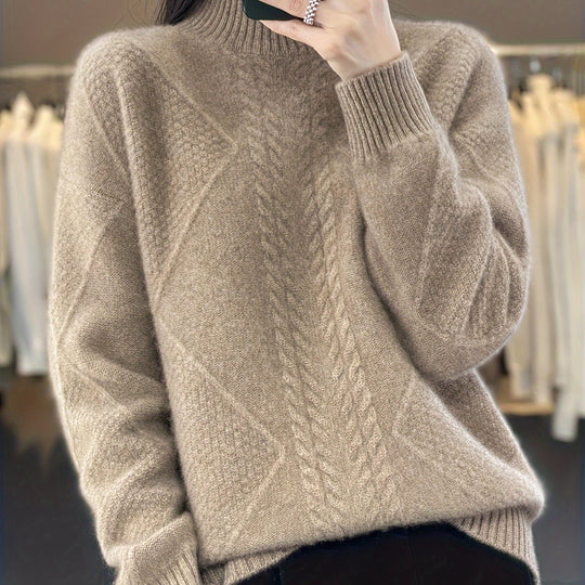 Strickpullover mit halbem Stehkragen und Zopfmuster für Damen