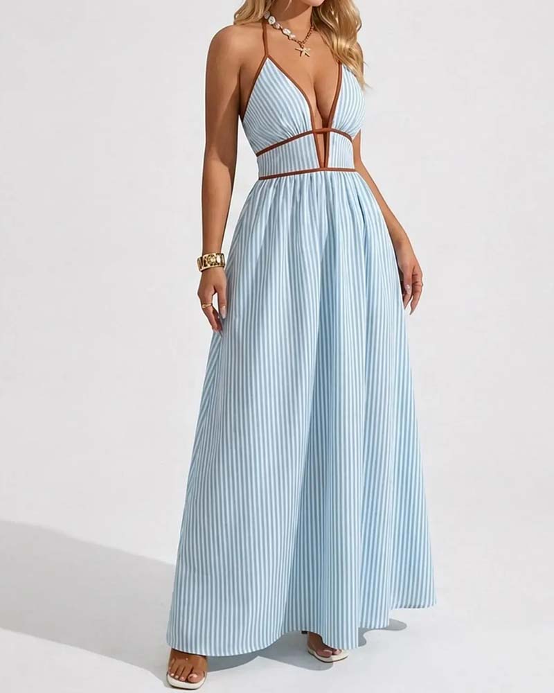 Damen Maxikleid mit tiefem V-Ausschnitt und feinen Spaghettiträgern