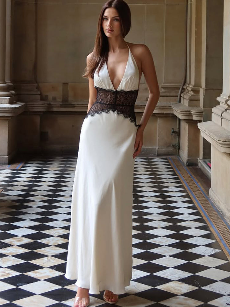 Maxikleid mit Neckholder, Spitzen-Detail, Rückenfrei, Ärmellos, festliches Kleid