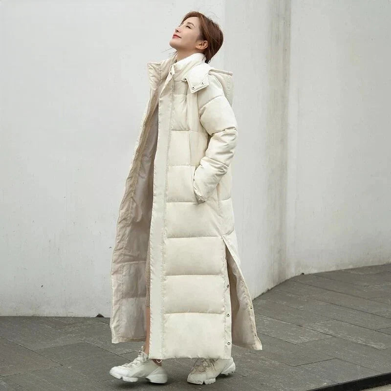 Damen Lange Gewatteerde Jacke Mit Klassischem Design