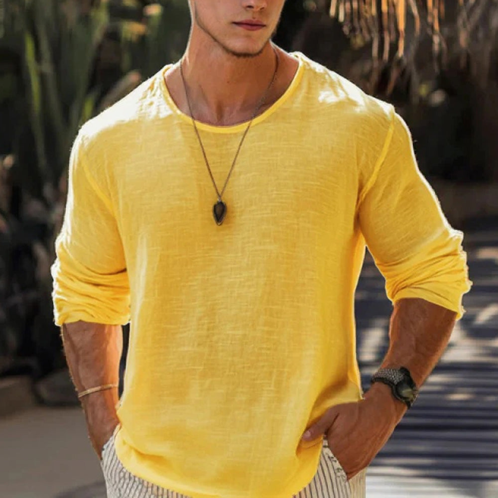 Herren Langarmshirt aus Baumwoll-Leinen mit Rundhalsausschnitt vorne