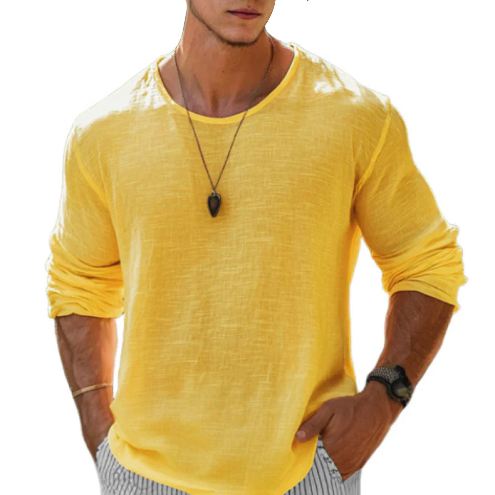 Herren Langarmshirt aus Baumwoll-Leinen in Nahaufnahme des Stoffes
