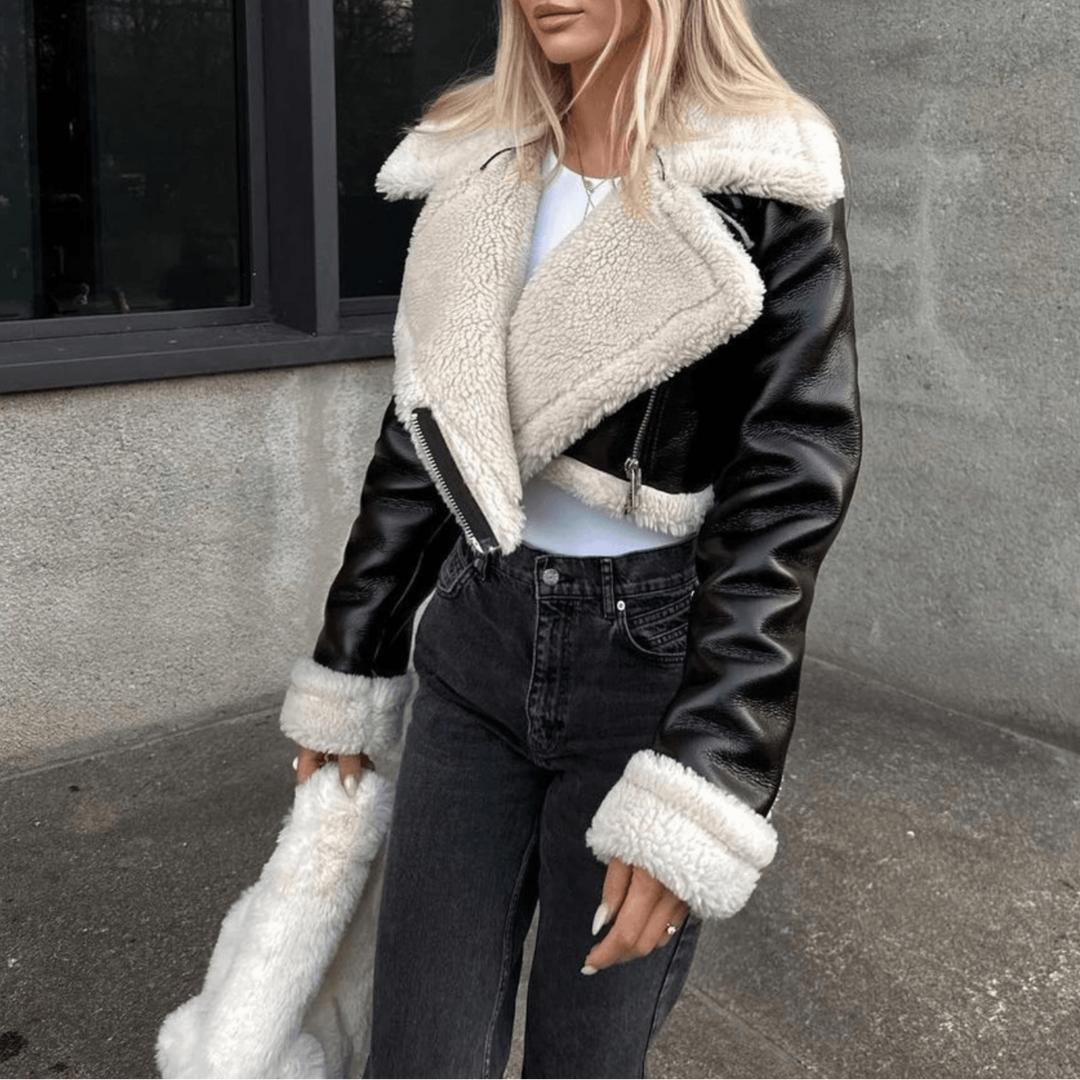 Damen Lederjacke Mit Felloptik Und Kurzem Schnitt