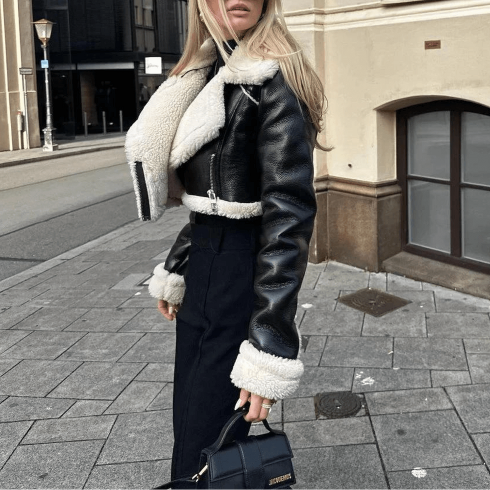 Damen Lederjacke Mit Felloptik Und Kurzem Schnitt