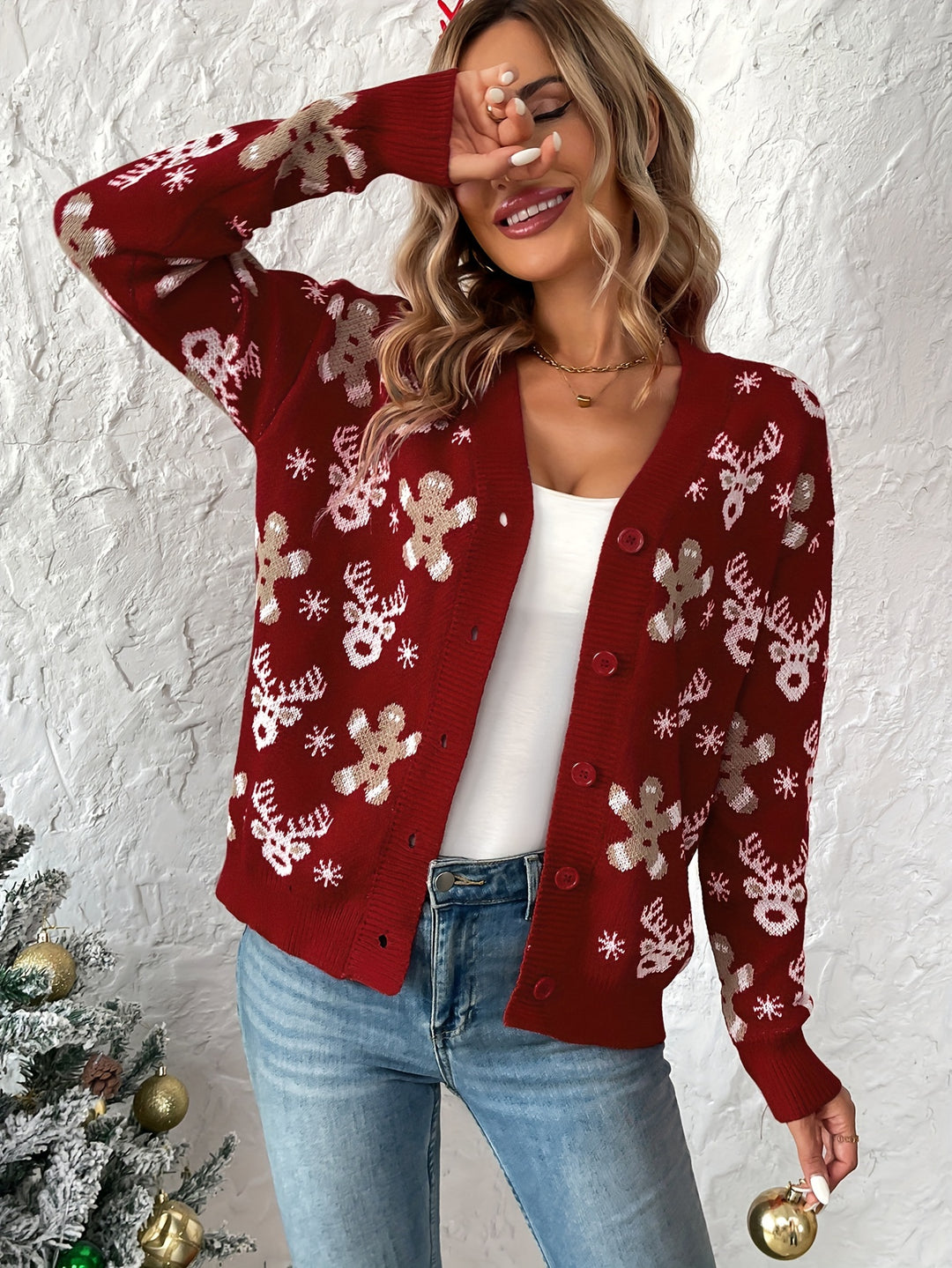 Weihnachtsstrickjacke mit Rentier- und Schneeflockenmuster für Damen
