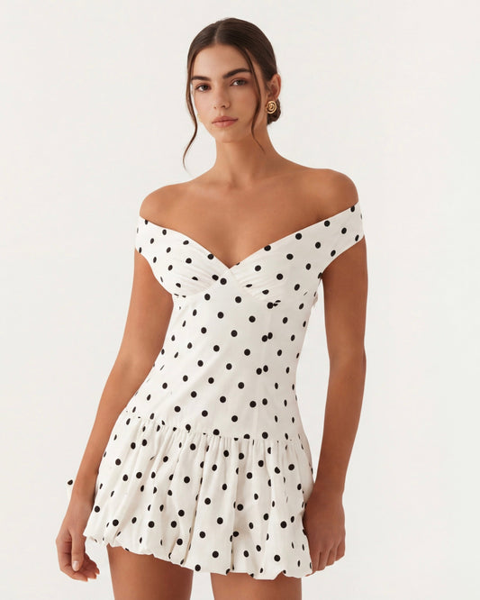 Schulterfreies Mini-Kleid aus Baumwolle mit gerafften Details und Polka-Dots in Weiß