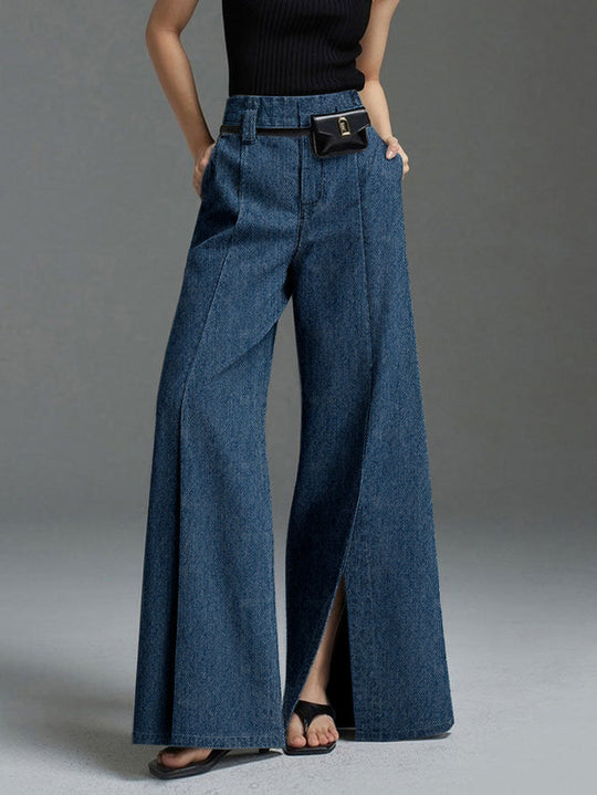Damen Jeanshose Mit Weitem Bein Und Frontschlitz