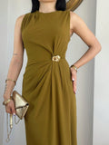 Maxikleid mit Schlitz, Poly-Mischgewebe, Olivfarben