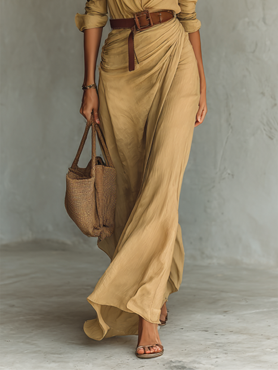 Damen Maxikleid Mit Gürtel Und Fließendem Schnitt