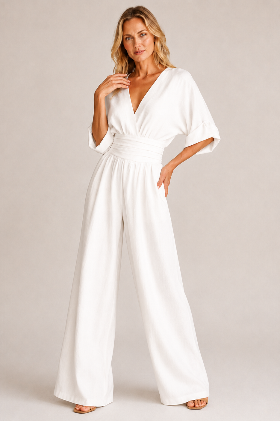 Weitbeiniger Micro-Elastischer Jumpsuit mit Dreiviertelärmeln