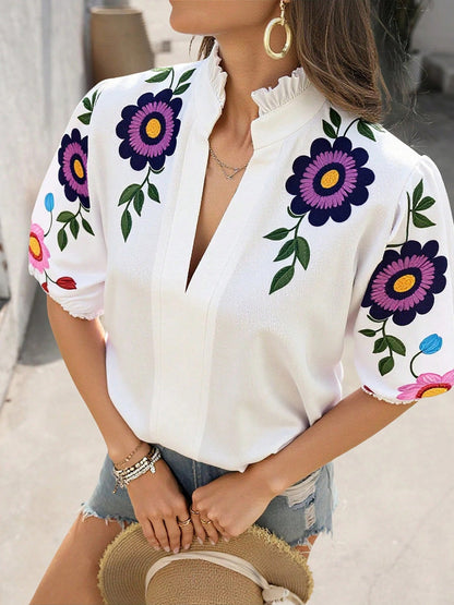 Damenbluse Mit Blumenprint Und Puffärmeln